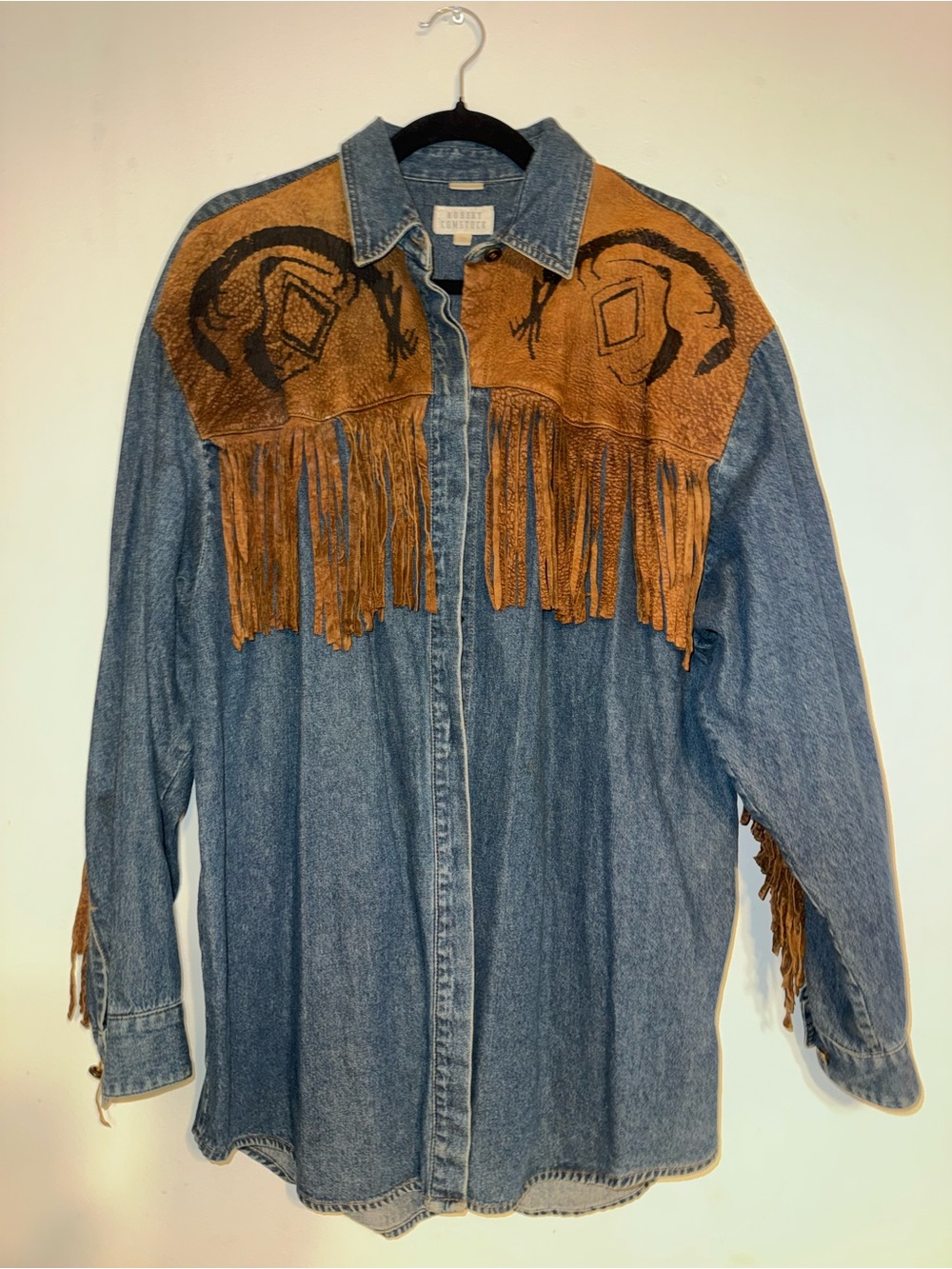 Vintage Robert Comstock Denim & Leather Fringe Western Shirt Jacket - Size 10